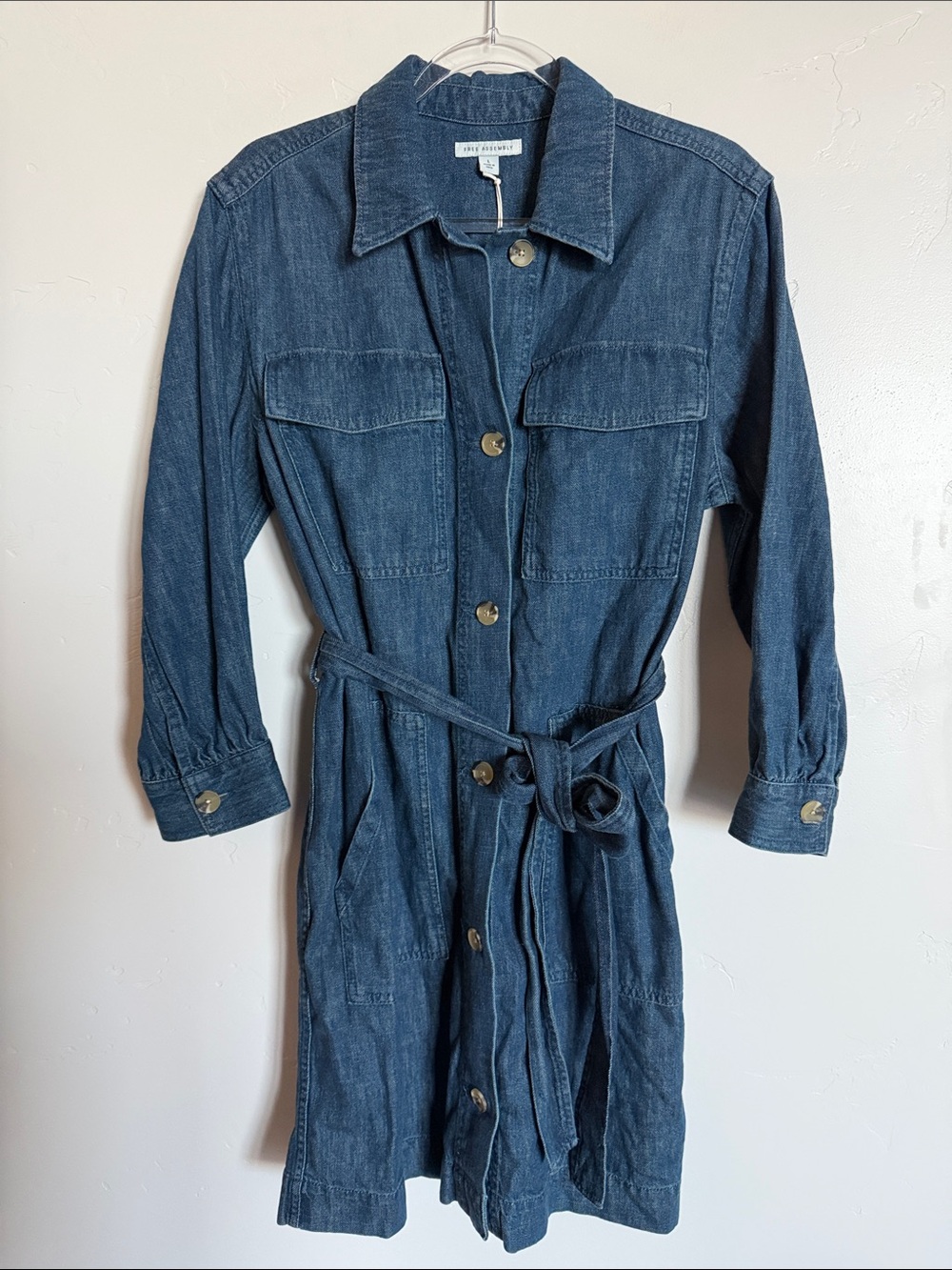 Free Assembly Denim Belted Mini Dress with Pockets Button Down Front